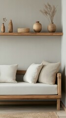 Poster - Stylish living room showcases wooden shelves with vases, light gray walls, and oak wood furniture creating a warm and inviting atmosphere