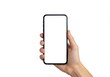 © stock.metket.com - Hand holding a modern smartphone with a blank white screen on a clean white background in a vertical position