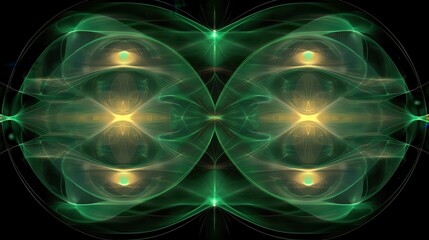 Poster - Symmetrical, glowing, green and gold abstract pattern.