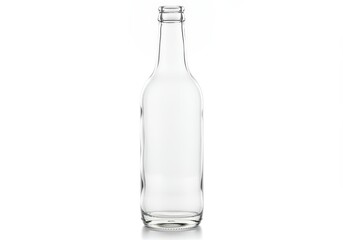 Poster - Empty clear glass bottle stands upright on a white surface, ready for filling or reuse