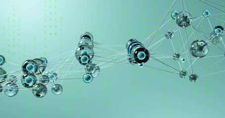 Poster - Complex 3D network animating connections with translucent spheres rods floating green binary digits