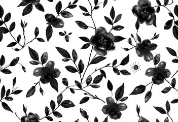 Elegant black watercolor floral branches and leaves seamless pattern, ideal for textile & web design, seamless, leaves
