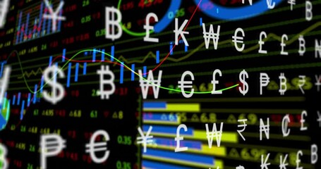 Poster - Cluster of currency symbols being animated over trading screen featuring charts and tickers