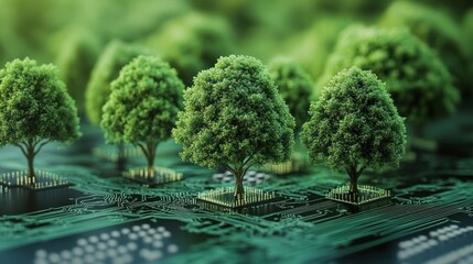 Poster - Symbiotic Nexus: Trees Thriving on a Futuristic Technological Circuit Board