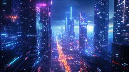 Poster - Nightscape of a Futuristic Cityscape with Glowing Highways and Towering Buildings