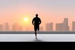 © CozyDigital - Man Jogging on Rooftop at Sunrise Over City Skyline Urban Fitness Lifestyle