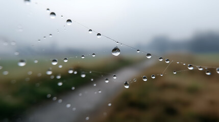 Poster - Dewdrops delicately hang on cobweb in misty landscape, creating serene and tranquil scene