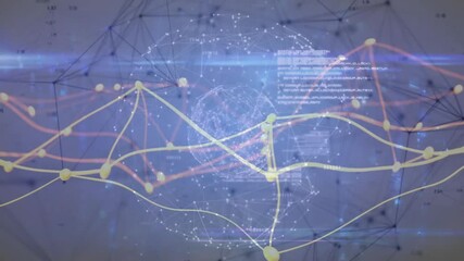 Poster - Translucent 3D globe spinning with yellow orange network lines, scattering code and wireframe lines