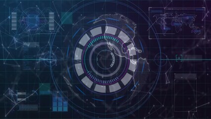Aufkleber - Displaying central circular HUD rotating over world map, showing arcs and data panels in 3D render