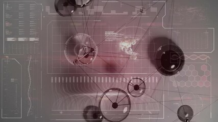 Poster - Spherical network nodes connecting lines animating in flat design UI featuring HUD charts waveform