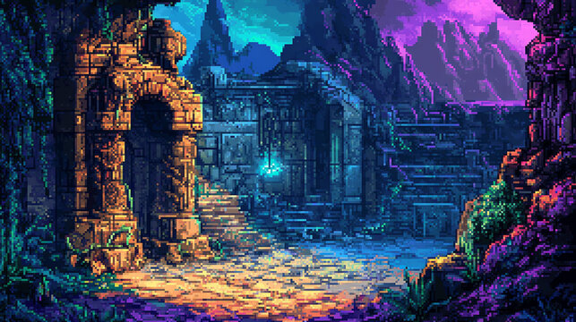 Exploring Ancient Pixel Art Ruins with Glowing Orb in Mountain Landscape