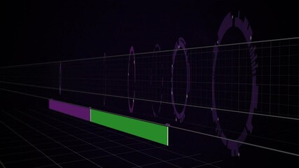 Poster - Data visualization bar being animated on 3D wireframe grid, with floating purple rings