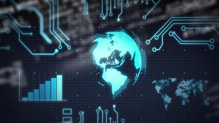 Poster - Glowing cyan globe floating over dark grid, showing neon circuits, rising bar chart and pixel map