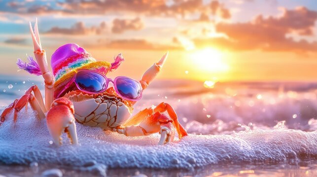 Joyful crab showing off stylish sunglasses and a colorful hat with waves crashing behind
