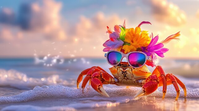 Joyful crab showing off stylish sunglasses and a colorful hat with waves crashing behind