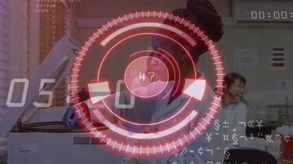 Poster - Woman lab technician operating centrifuge in research lab, showing translucent red HUD graphics