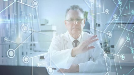 Poster - Senior scientist raising hand on digital interface in research lab, displaying network overlay