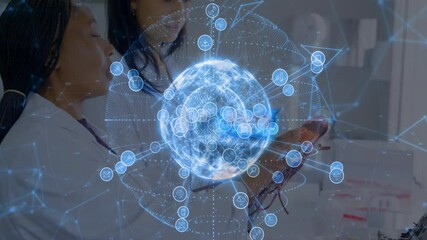 Poster - Two scientists examining tablet in tech lab, projecting holographic data globe with floating icons