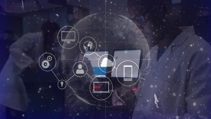 Aufkleber - Research scientists using computers in high-tech lab, showcasing holographic globe with tech icons
