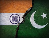 cracked floor with india and pakistan flag on each side