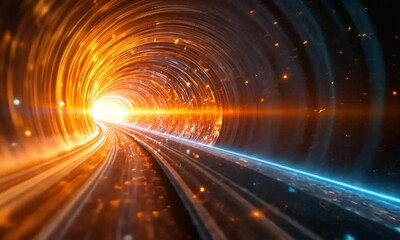 Wall Mural - A vibrant tunnel illuminated by a bright light at the end, depicting motion and energy