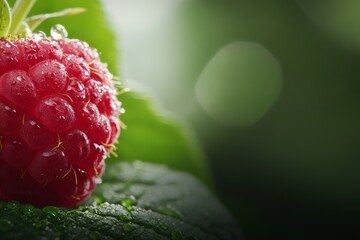 Aufkleber - A ripe raspberry stands out on the plant, adorned with glistening dew drops, highlighting its vibrant color against lush green foliage, showcasing nature’s beauty