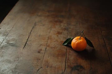 Poster - A fresh mandarin orange with vibrant color sits on a rustic wooden surface, its leaves enhancing its appetizing look and inviting touch