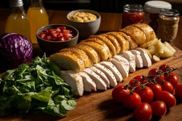 Aufkleber - Fresh lettuce, ripe tomatoes, and sliced chicken are artfully arranged on a cutting board, showcasing the ingredients for a delicious chicken sandwich