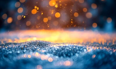 Wall Mural - Close-up of shimmering droplets on a surface, illuminated by warm, glowing bokeh lights in the background
