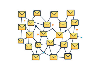 Poster - Email communication network diagram showing connections between various email accounts isolated on transparent background