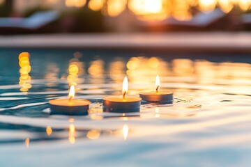 Aufkleber - Softly glowing candles float on water, casting gentle reflections and creating a peaceful atmosphere that evokes a sense of calmness at sunset