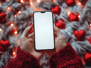 Poster - Empty generic smartphone with mockup with surrounded by a scattering of hearts for Valentines day