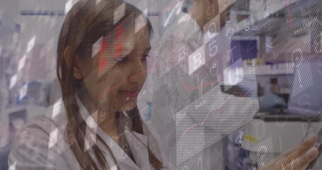 Poster - woman scientist examining floating data graphs in technology lab, colleagues analyzing codes