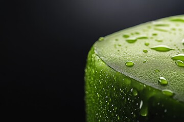 Aufkleber - Fresh avocado slice shows droplets of water on the surface, reflecting light and emphasizing its smooth texture and rich green color in a dark backdrop