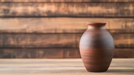 Aufkleber - A carefully arranged collection of artisan handcrafts features a single brown vase on a wooden table, with soft natural light highlighting its rich textures