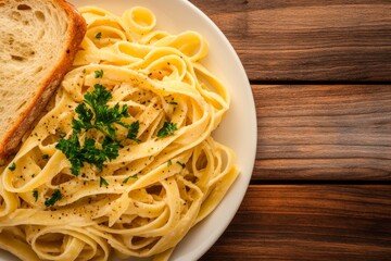 Poster - Close-up of creamy fettuccine pasta topped with fresh parsley and a slice of garlic bread, beautifully arranged on a rustic wooden table with natural lighting