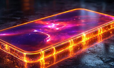 Wall Mural - Vibrant smartphone displaying a cosmic scene, resting on a reflective surface with soft lighting