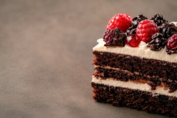 Poster - Rich chocolate cake features multiple layers, adorned with luscious red and white toppings, highlighting its decadent texture and inviting appearance