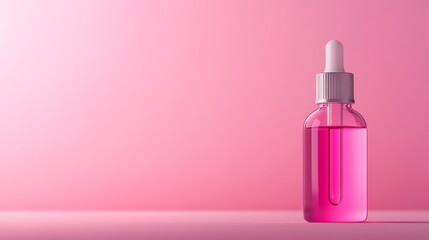 Poster - Serum bottle stands on a soft pastel surface, with a pipette delicately releasing a droplet, creating an elegant, minimalist composition perfect for beauty promotions