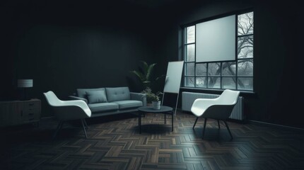 Poster - Serene modern living room with stylish furniture and large window view