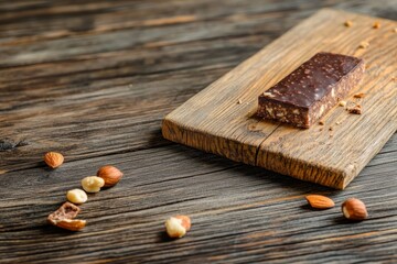 Poster - A protein bar with a rich chocolate filling rests on a rustic wooden board, accented by scattered nuts, creating an inviting and wholesome setting