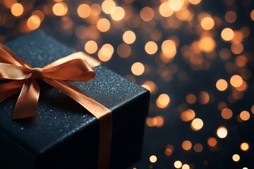 Poster - Close-up of a sleek black gift box adorned with a shiny golden ribbon, set against a soft, sparkling background that enhances its festive appeal