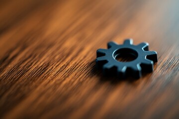 Poster - A solitary mechanical cog rests on a textured wooden surface, beautifully highlighting its design and craftsmanship while casting subtle shadows around it