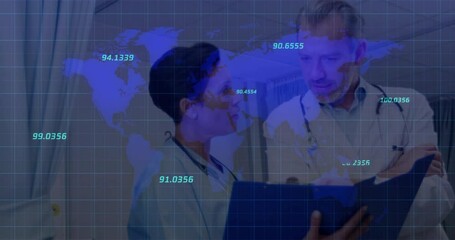Poster - two medical professionals reviewing notes in hospital viewing digital world map data
