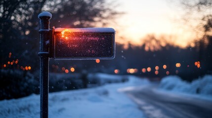 Aufkleber - A close-up of a vintage street lamp, lightly dusted with snow, shining with Christmas lights against a softly blurred winter night background