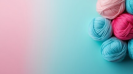 Poster - Close-up of vibrant yarn balls arranged on a soft pastel background, inviting creative crafting with their cheerful colors and minimalist charm