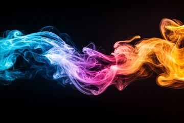 Poster - Vibrant smoke in hues of blue, pink, purple, and orange swirls gracefully, forming dynamic shapes against a dark backdrop, inviting creative design possibilities