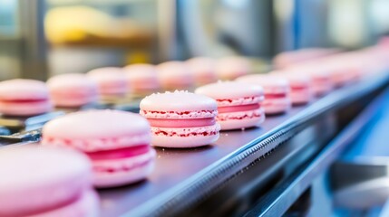 Poster - Close-up view of colorful macaroons moving along the production line in a confectionery factory, with soft lighting enhancing their appeal