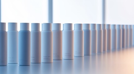 Aufkleber - Soft blue and white minimalist skincare bottles are neatly arranged on a clean surface, illuminated by gentle lighting that enhances their elegant design