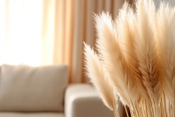 Poster - Neutral pampas grass and reeds are beautifully arranged, with soft sunlight casting shadows, evoking tranquility in a sophisticated decor setting